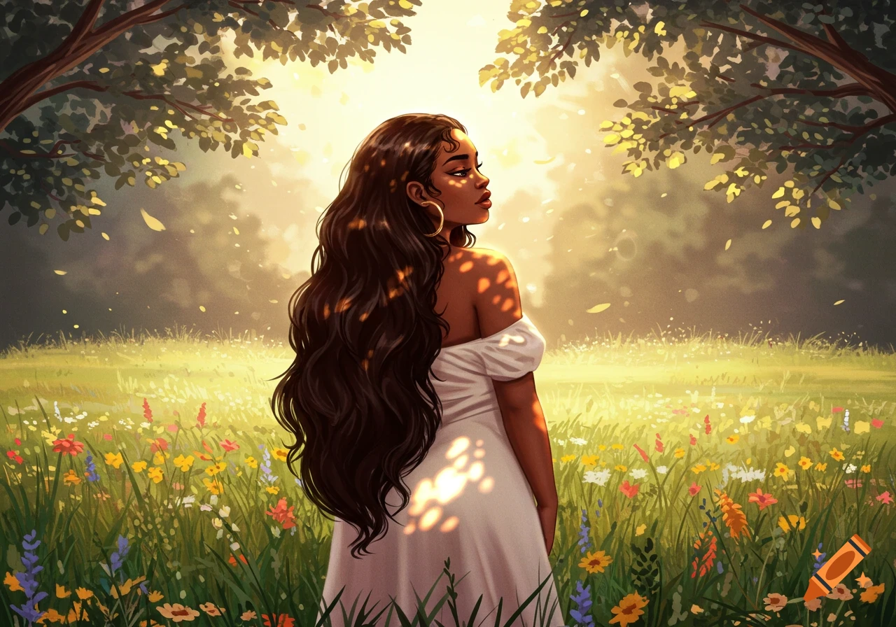A stylized digital painting of a woman with long dark hair in a white dress, standing in a sunlit wildflower field.
