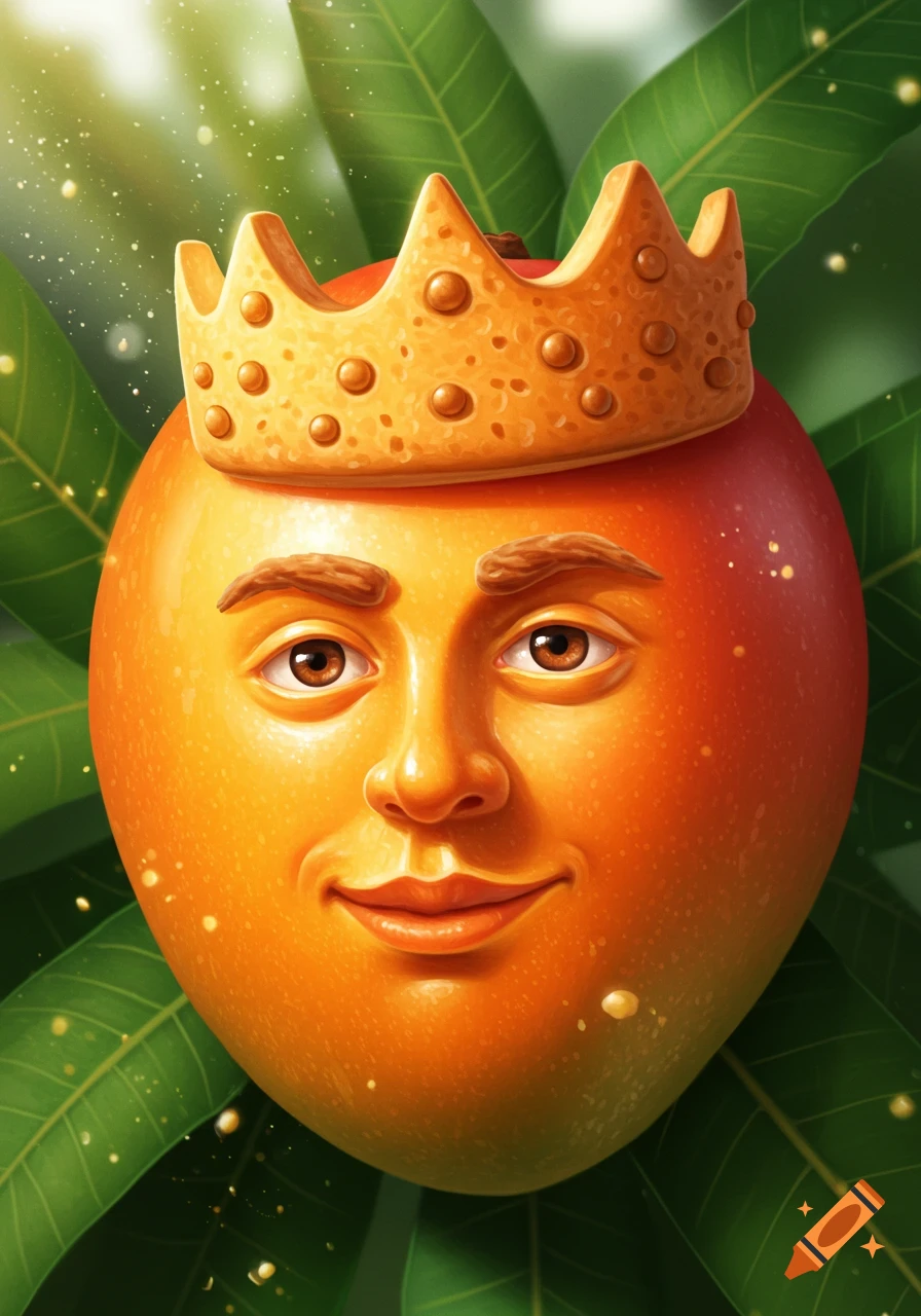 A stylized illustration of a mango with a human face and a golden crown, surrounded by green leaves.