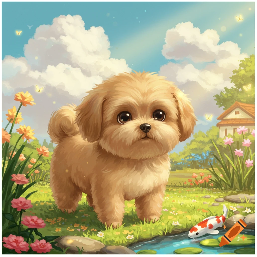 A tan, fluffy puppy with big eyes stands in a Studio Ghibli style garden with colorful flowers, a pond with a koi fish, and butterflies under a blue sky.