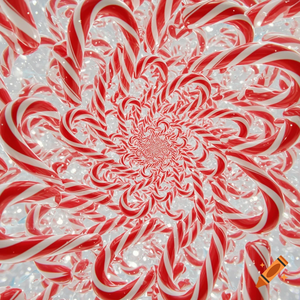 A spiraling pattern of red and white striped candy canes against a sparkling white background.