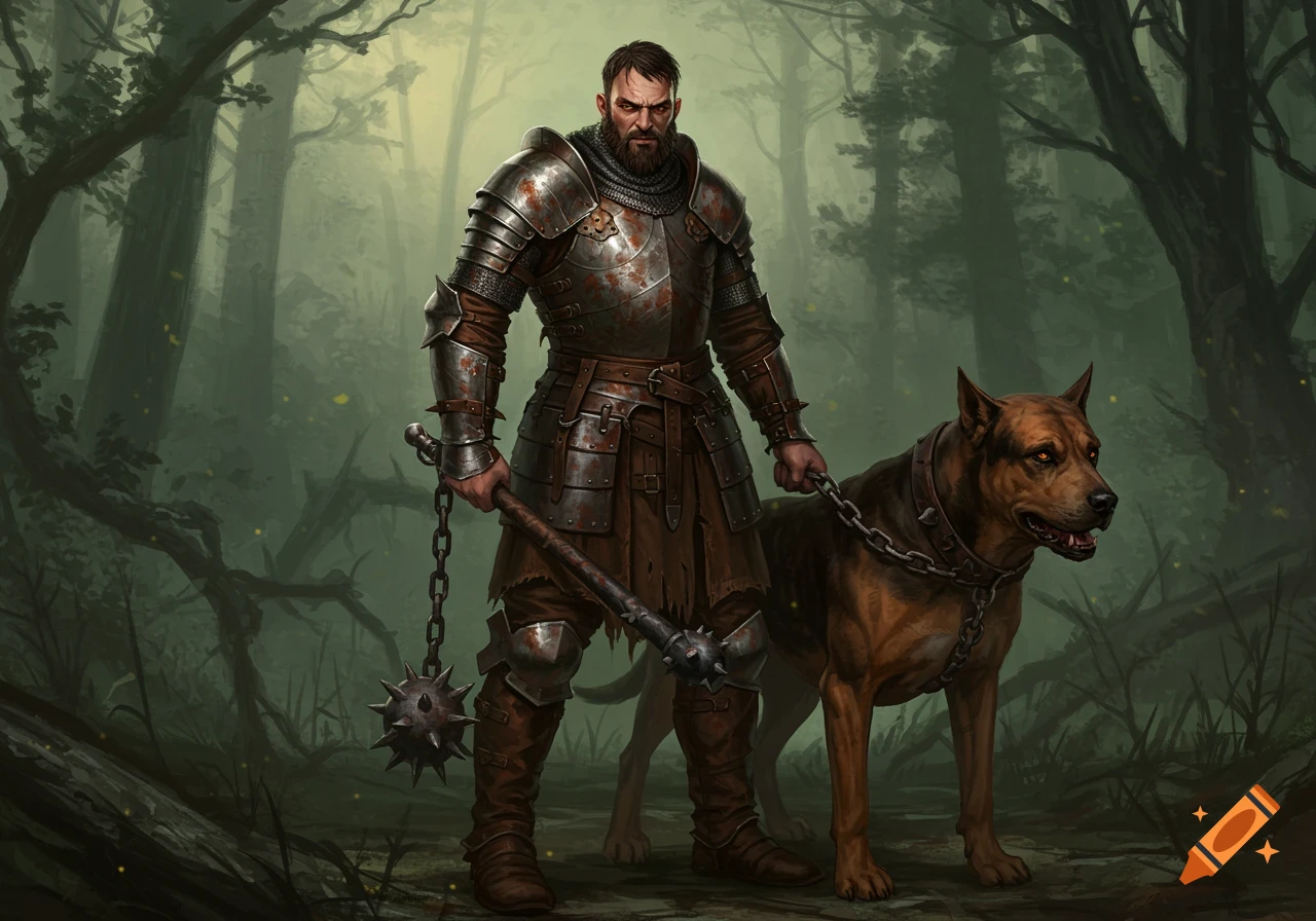A bearded medieval knight in rusty armor holds a spiked club and a large brown dog on a chain in a dark, misty forest.