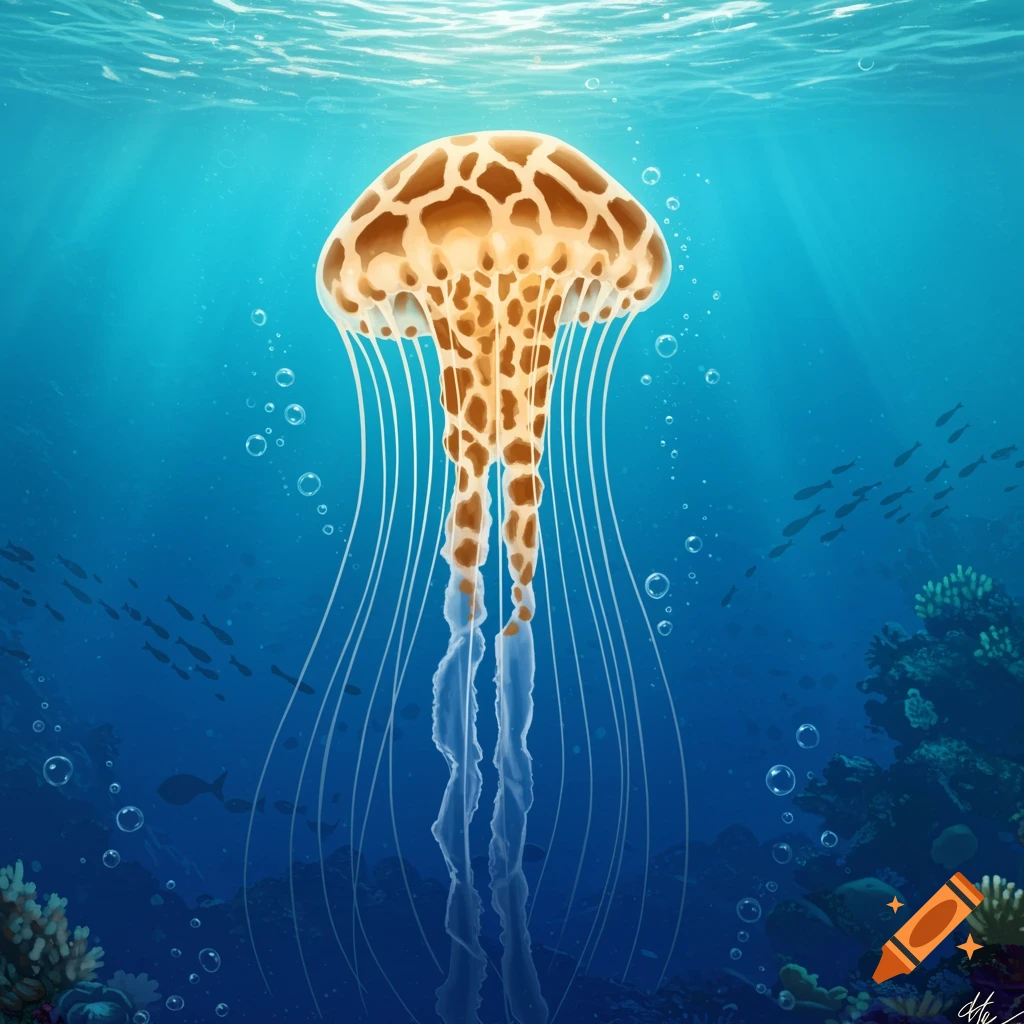 An illustrated jellyfish with brown giraffe-like patterns swims in a blue ocean with sunlight, fish, and coral reefs.