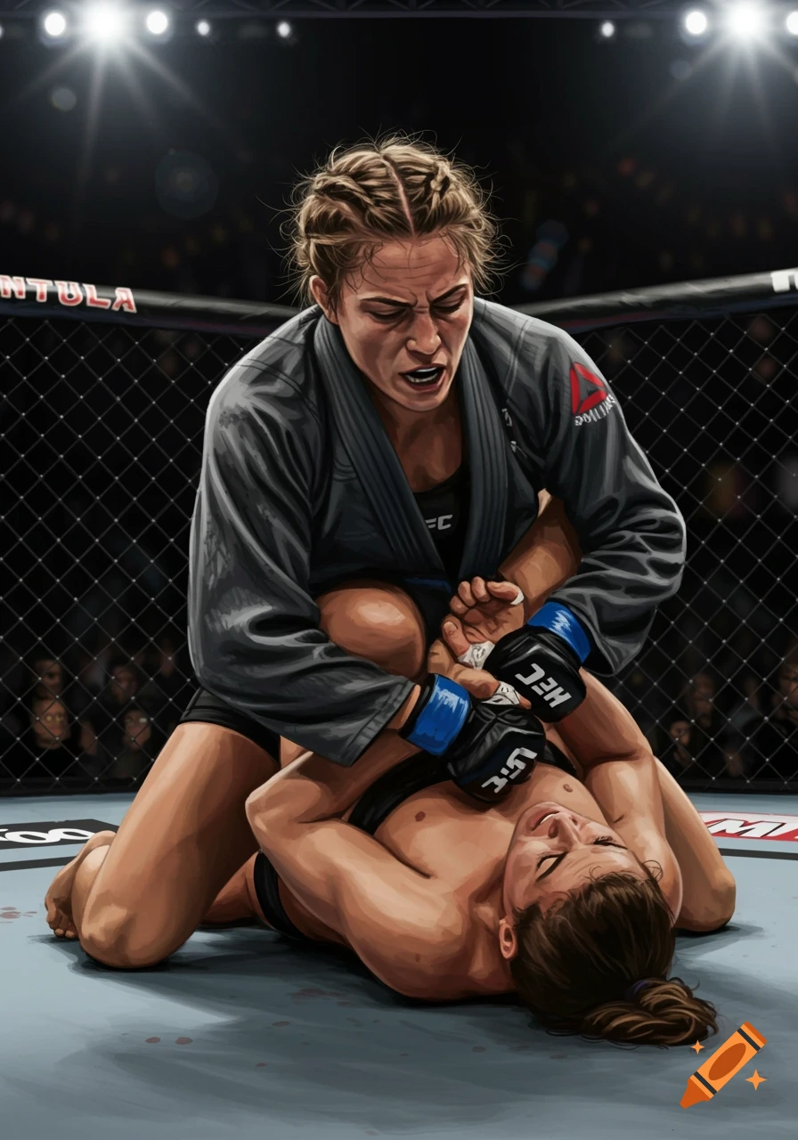 Stylized illustration of two female MMA fighters grappling in an octagon ring, with one applying a triangle choke.