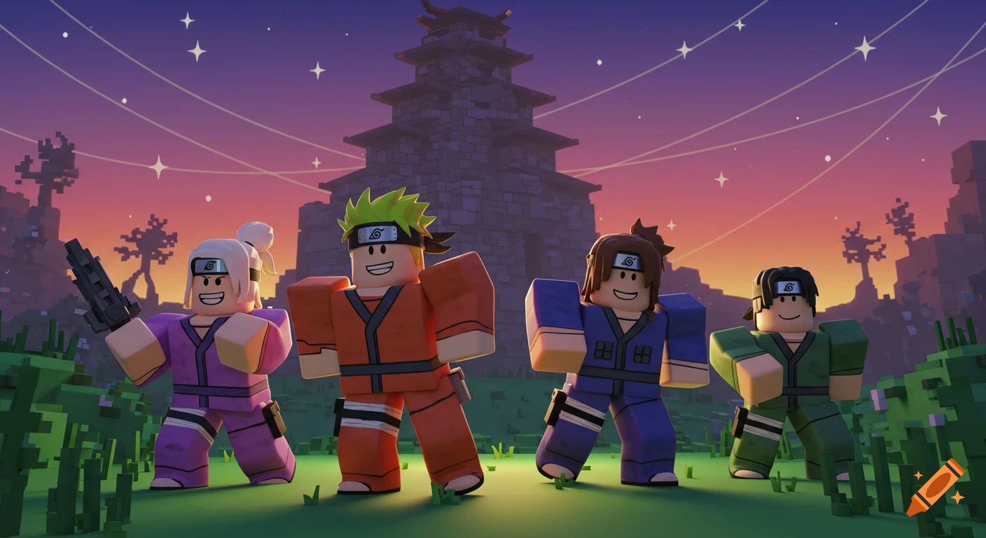 Four Roblox characters dressed as Team 7 from Naruto standing in a blocky landscape at sunset with a large pagoda.