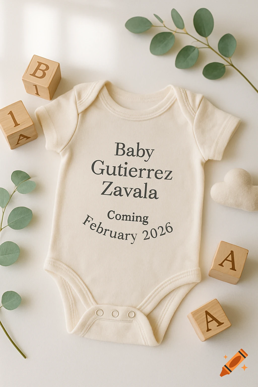 A cream-colored baby onesie with 'Baby Gutierrez Zavala Coming February 2026' printed on it, surrounded by wooden blocks and eucalyptus branches.