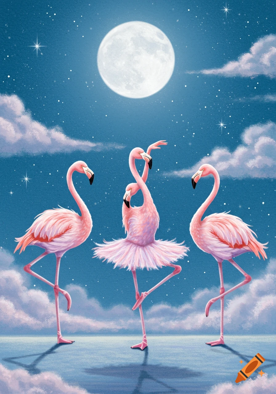 Three pink flamingos dancing under a full moon and starry sky, one wearing a tutu, in an illustration style.