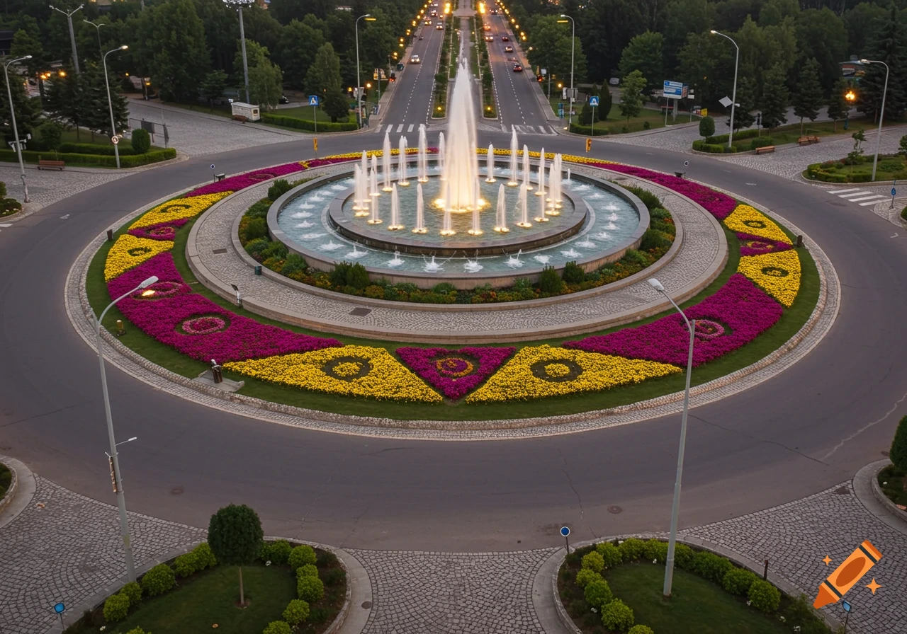 Aerial view of a large roundabout with an illuminated fountain at its center, surrounded by concentric rings of yellow and purple flowers, roads, and trees.