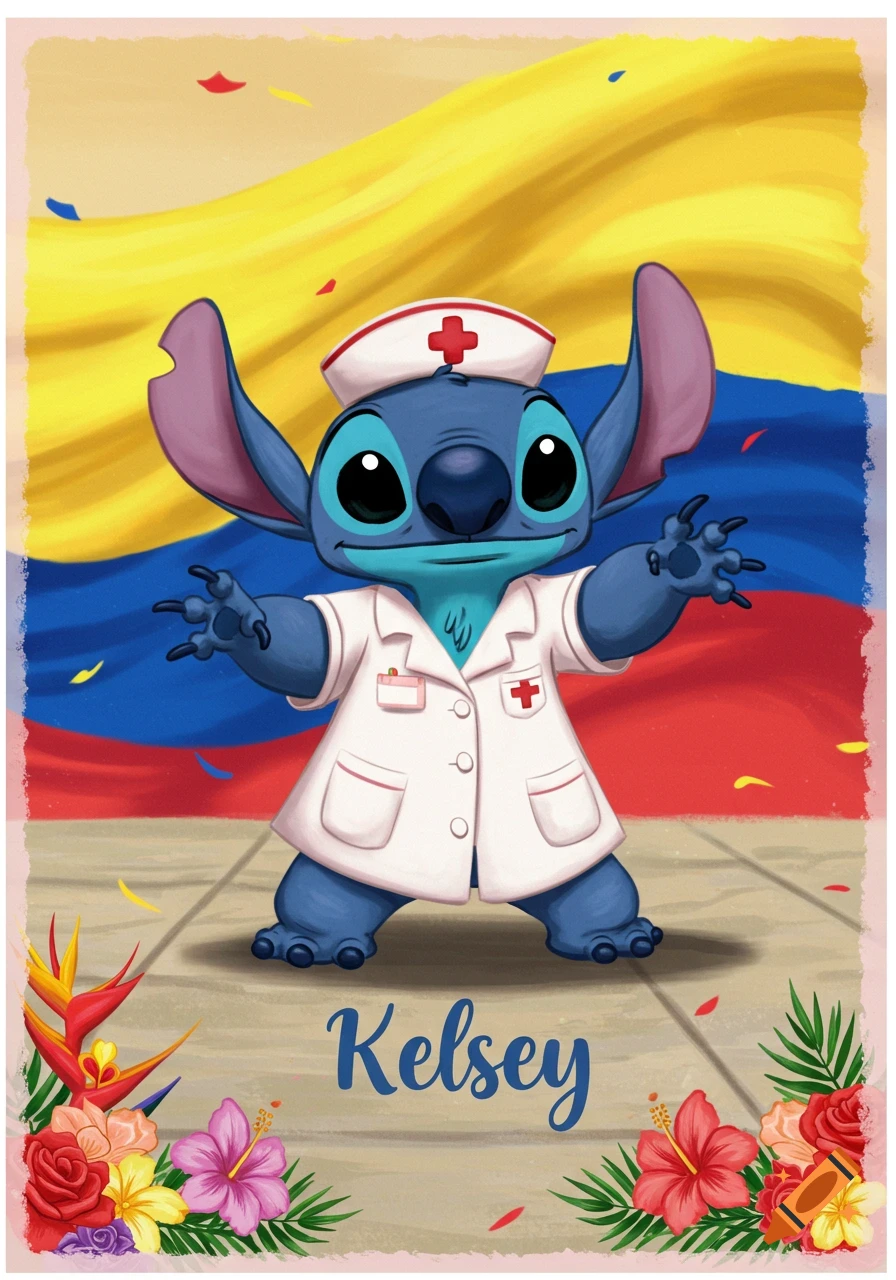 Cartoon Stitch dressed as a nurse stands in front of the Ecuadorian flag, with colorful flowers and the name 'Kelsey' below.
