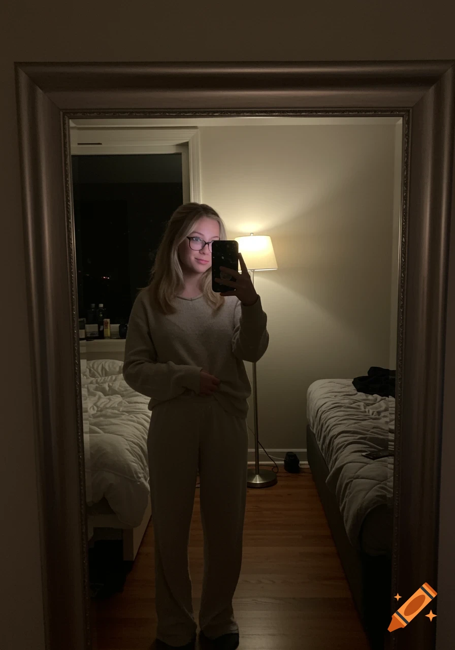 A blonde girl with glasses takes a mirror selfie in a warmly lit bedroom.