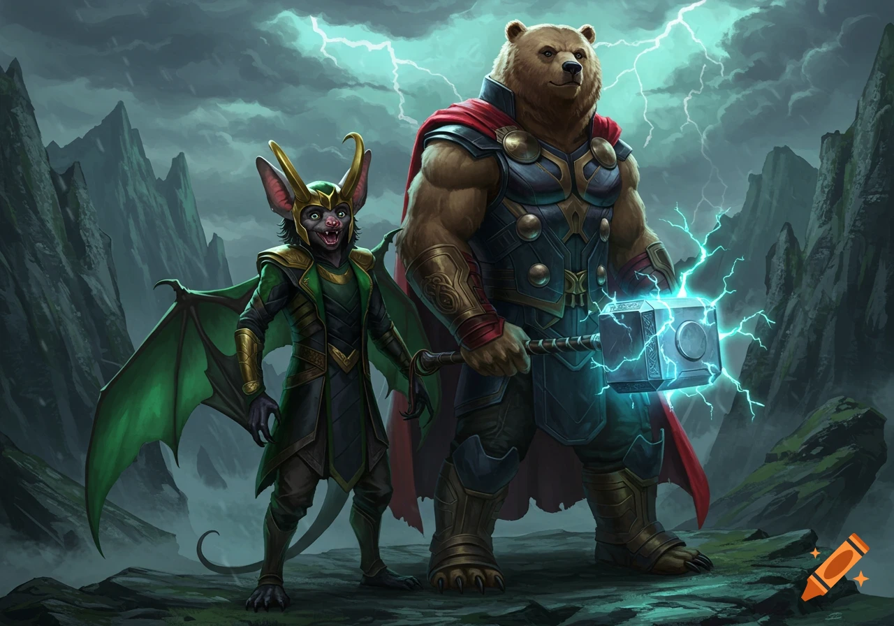 An anthropomorphic bat-like Loki stands next to a bear-like Thor holding a glowing Mjolnir, against a stormy, mountainous background.