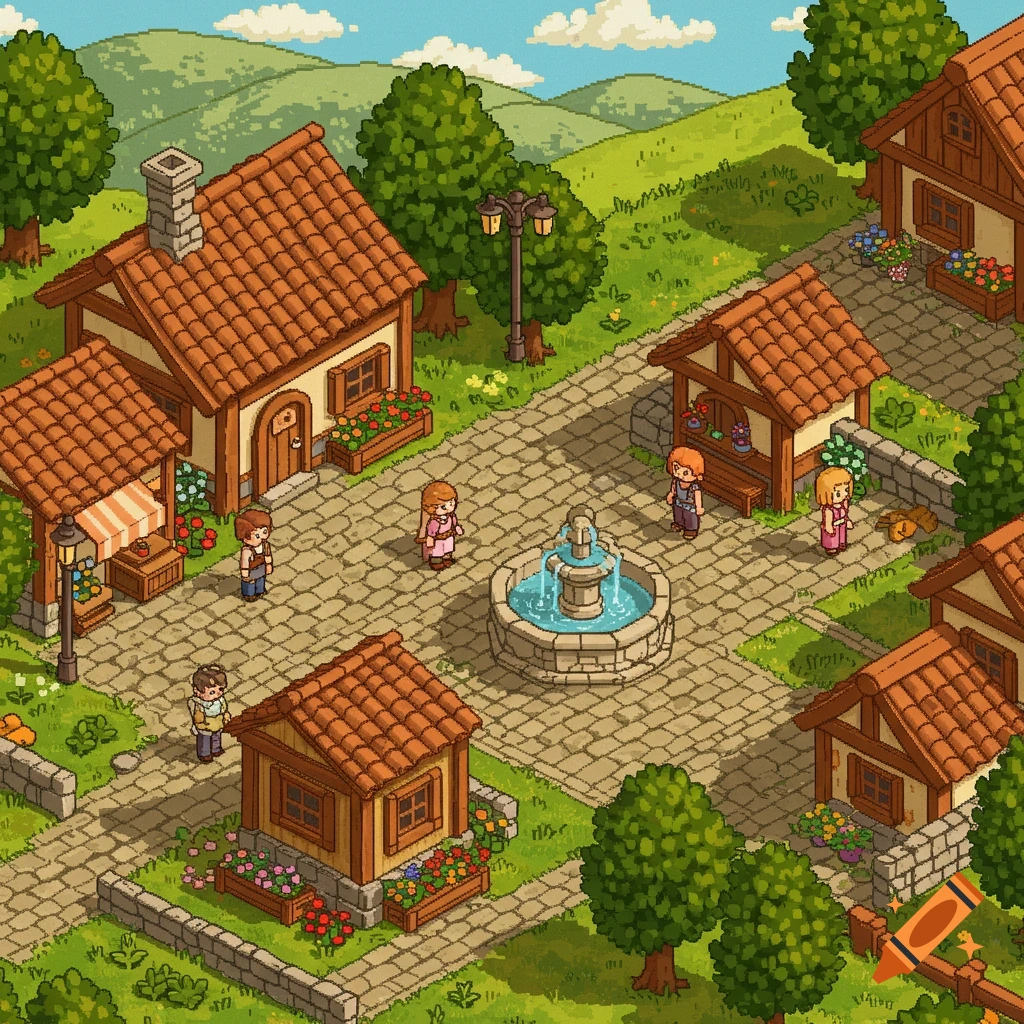 Isometric pixel art of a bustling village square with houses, a fountain, and several villagers.