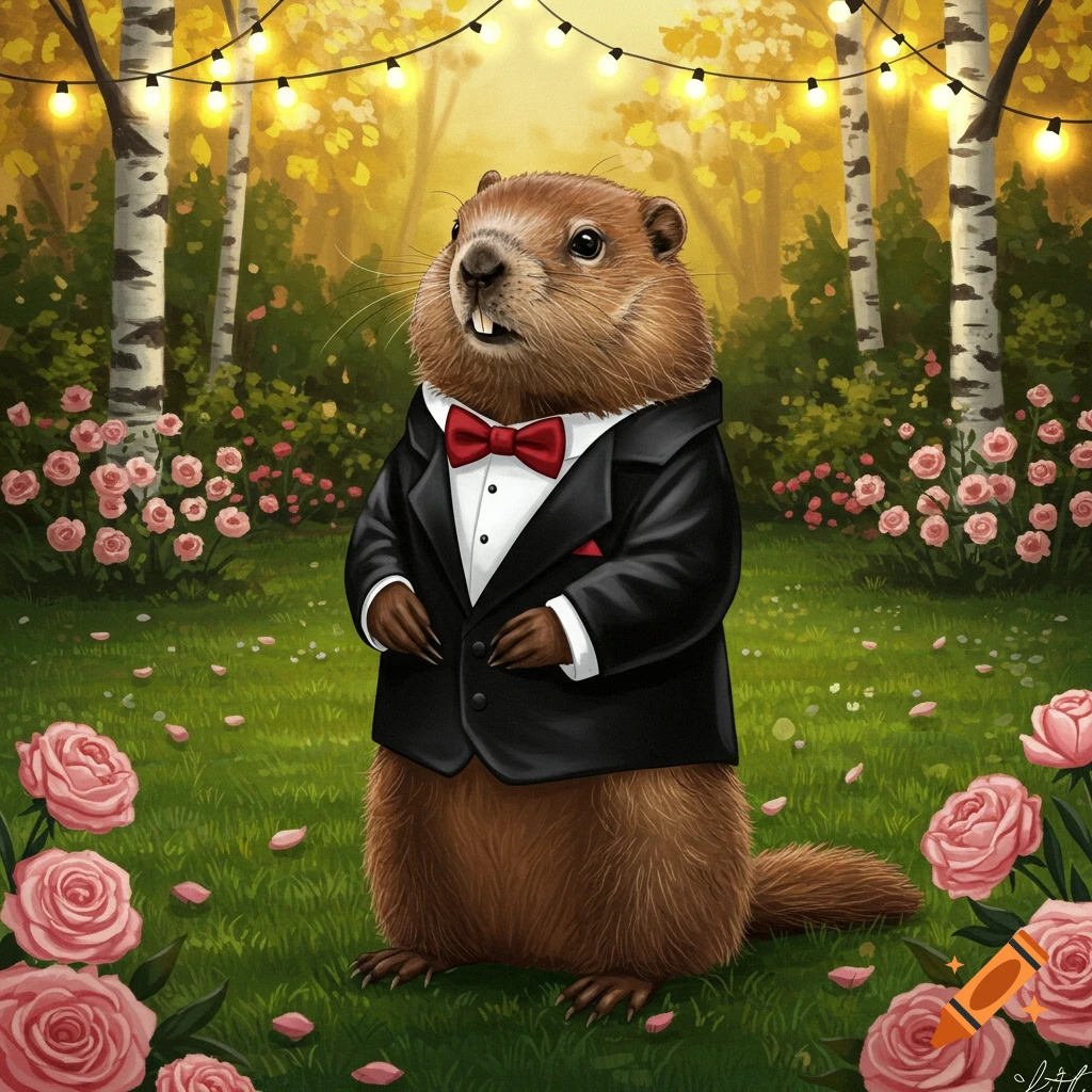 A charming groundhog in a black tuxedo with a red bow tie stands in a vibrant garden adorned with pink roses and string lights.