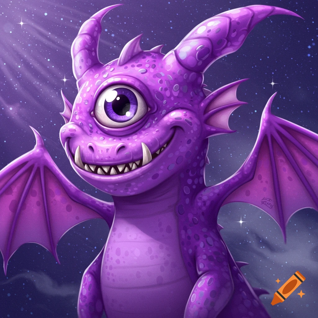 A smiling purple, one-eyed cartoon dragon with large wings and small horns against a starry purple night sky.