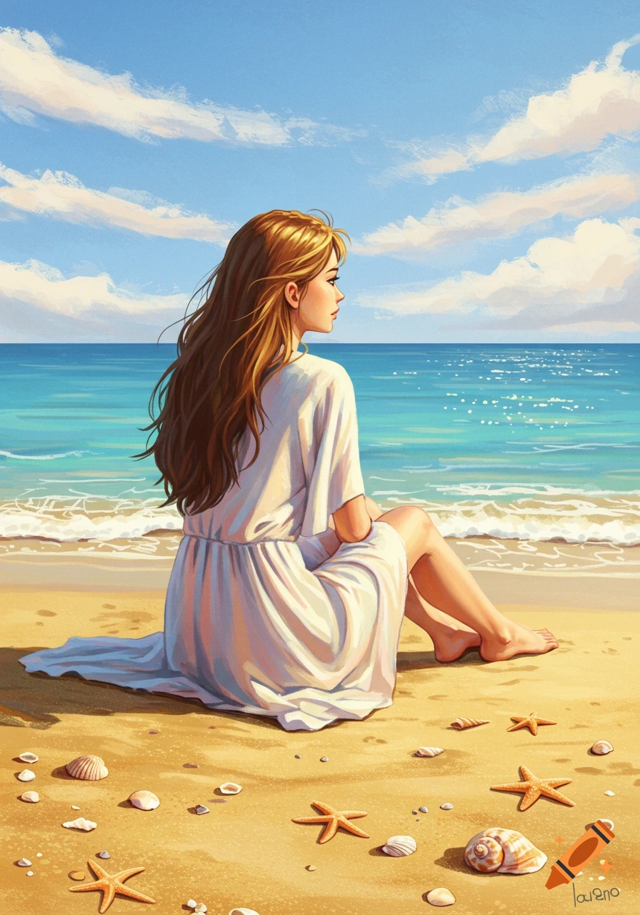 A woman with long hair in a white dress sits on a sandy beach, looking out at the blue ocean. Seashells are on the sand.