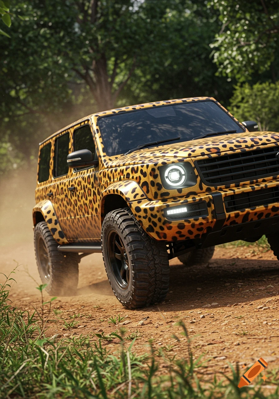A photorealistic leopard print off-road vehicle drives on a dusty dirt road in a sunlit forest.