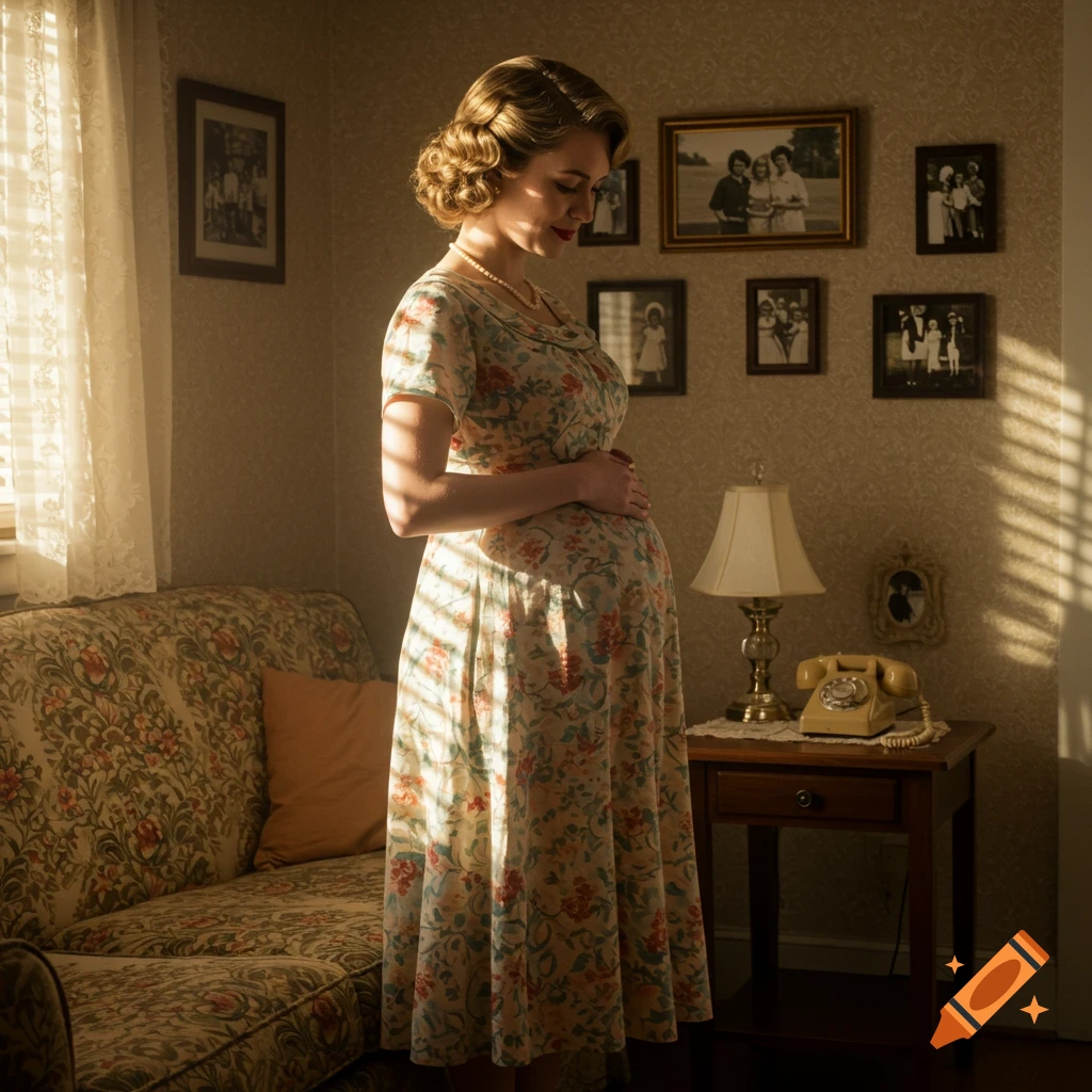 A pregnant woman in a floral dress stands in a 1950s-style room, illuminated by window light.
