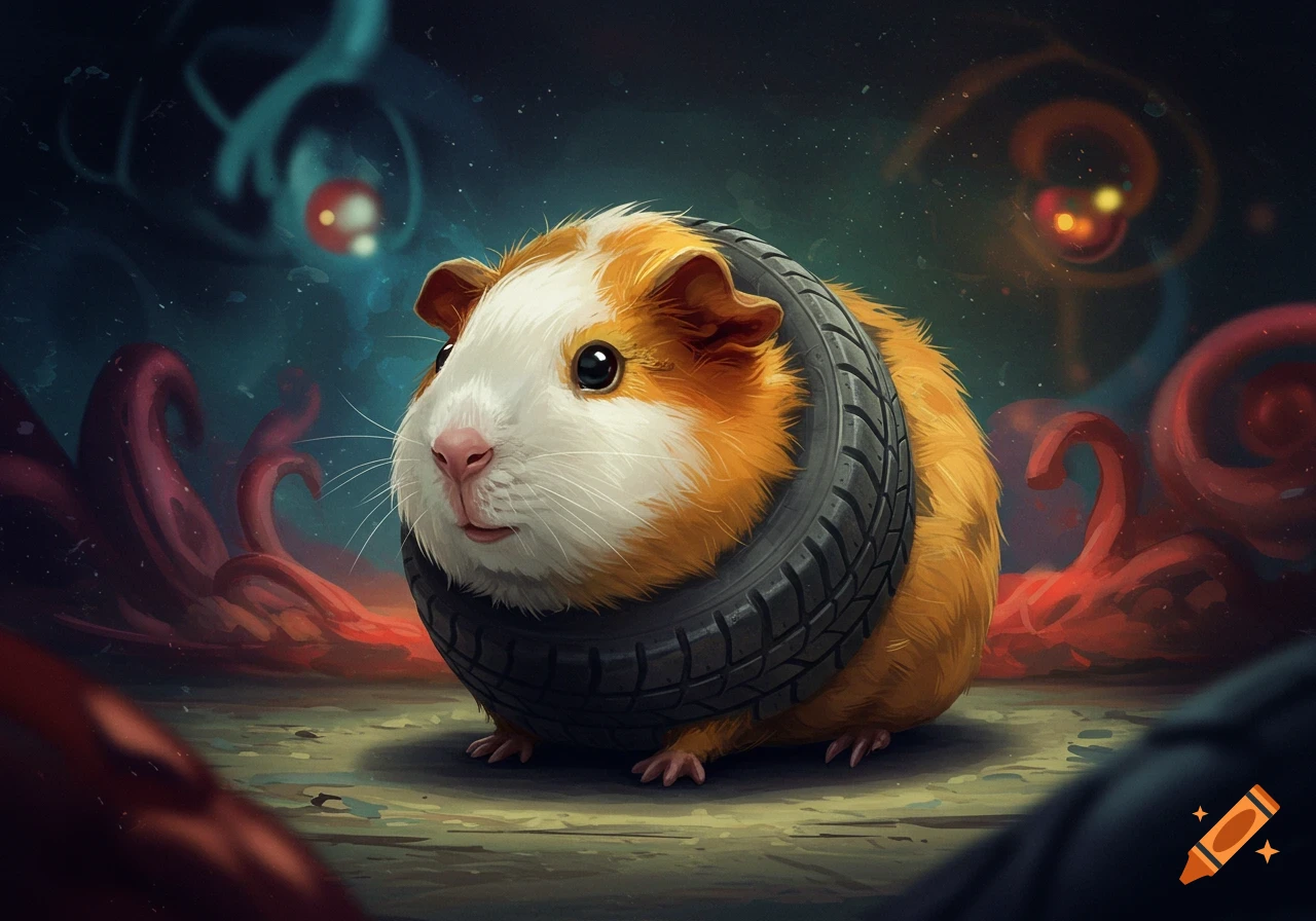 A fluffy orange and white guinea pig wears a tire, looking forward against a dark, surreal background with glowing lights.