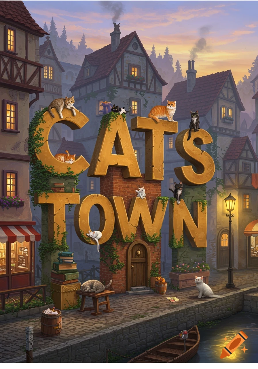 Illustrative scene of a fantastical town with large "CATS TOWN" letters featuring multiple cats, at dusk.