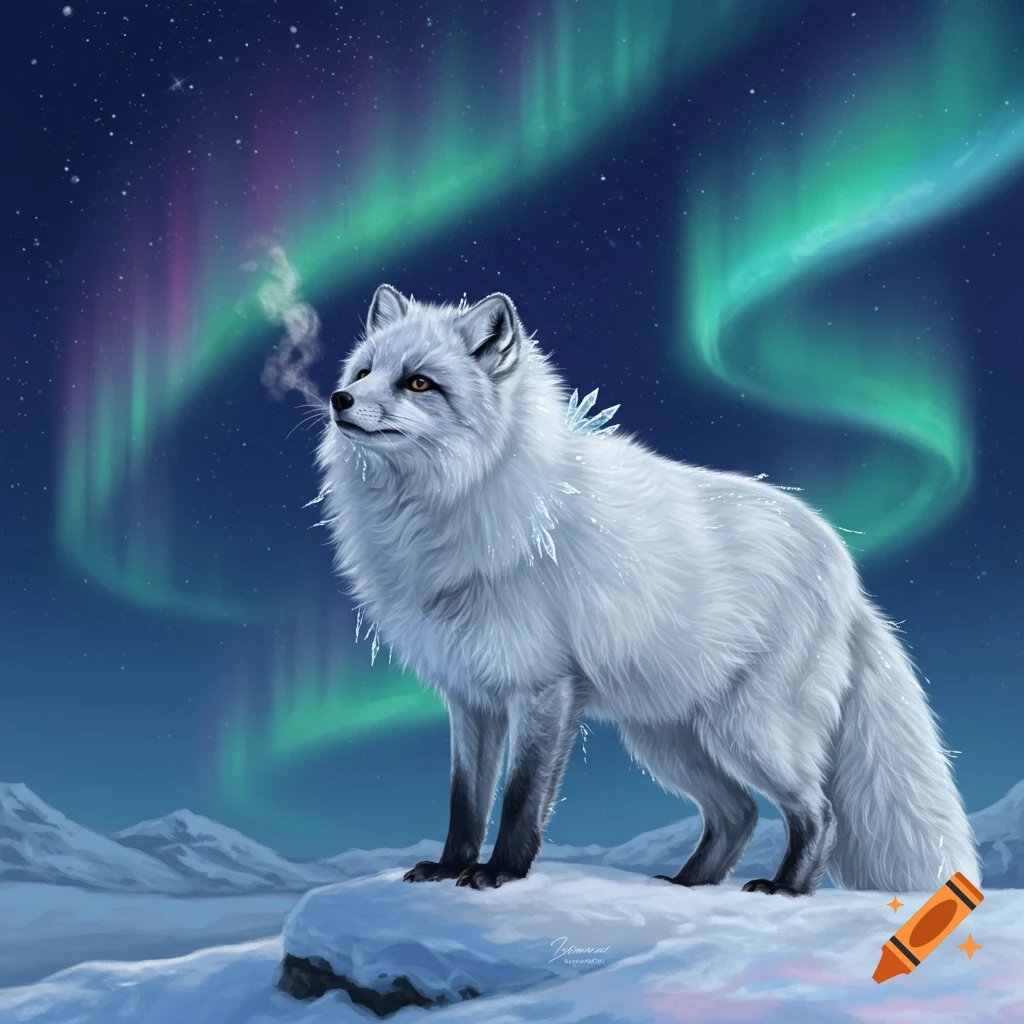 A white arctic fox stands on a snowy mountain, looking up at the vibrant green and purple aurora borealis in the night sky. Digital painting.