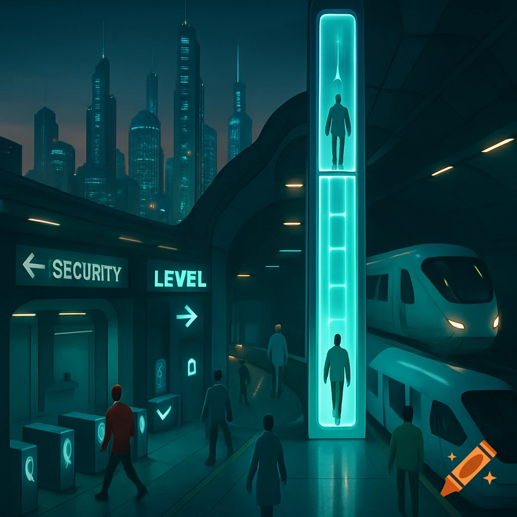 A futuristic underground transit hub with glowing elevators, sleek trains, and people moving past security signs, under a cityscape at dusk.