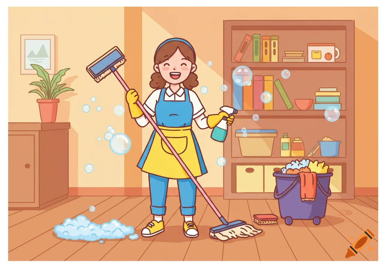 A cheerful cartoon cleaning lady with a mop and spray bottle in a tidy room with soap bubbles.
