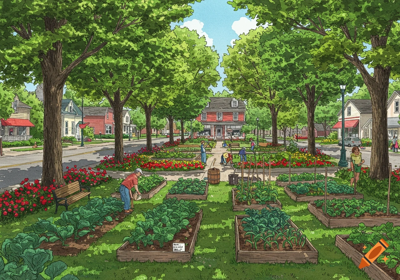 An illustrated community garden with people tending to raised beds of vegetables and flowers in a town square surrounded by trees and houses.