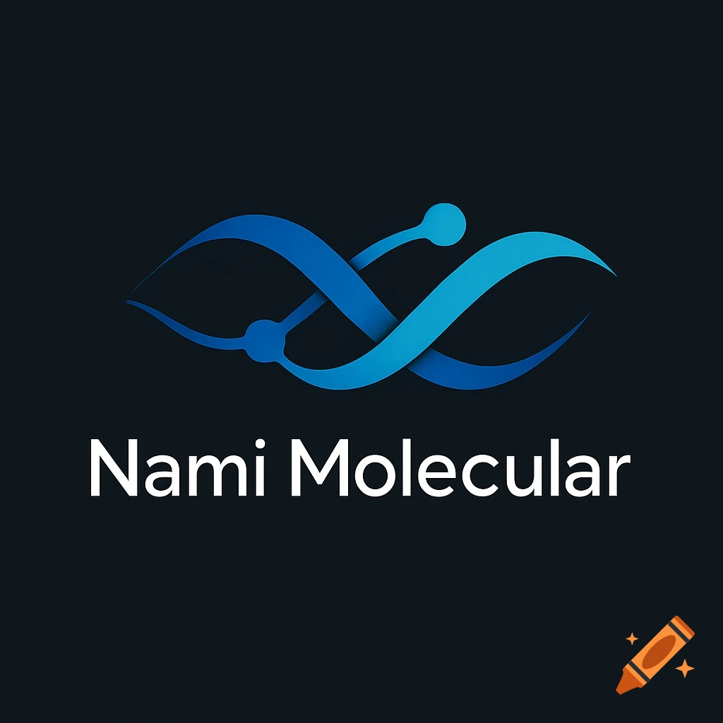 Abstract blue and light blue intertwined lines forming a molecular or DNA-like shape, with the text 'Nami Molecular' below on a dark background.