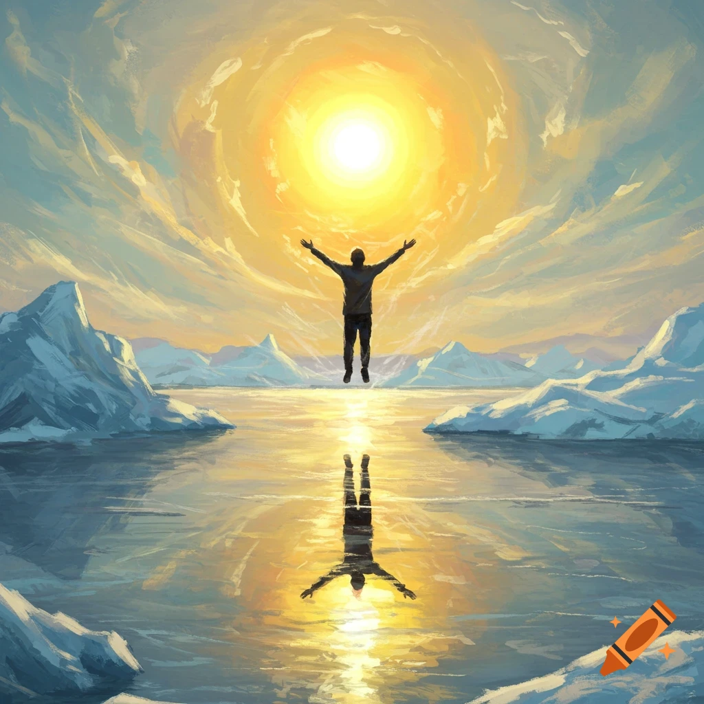 Expressionist artwork of a man floating with arms outstretched towards a bright sun above a frozen arctic lake surrounded by ice and snow.