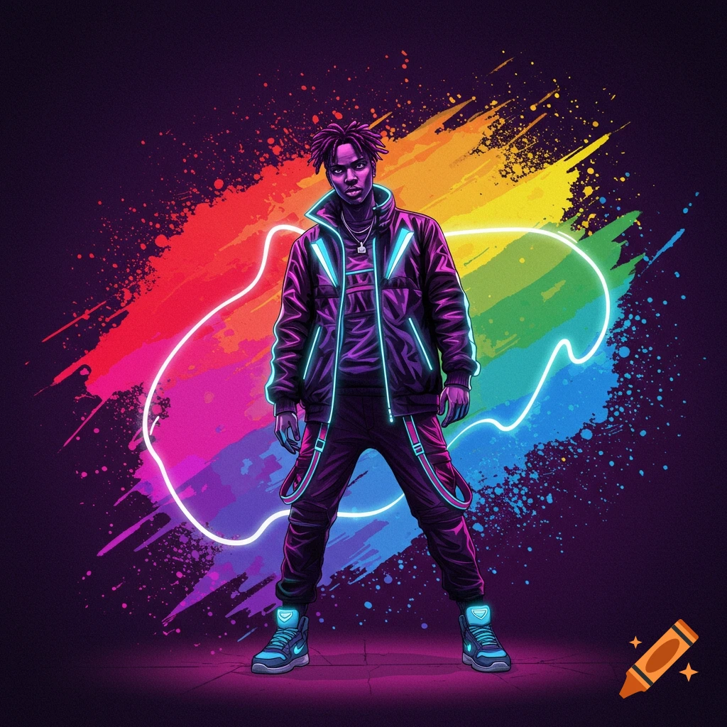 A man with dreadlocks wearing a neon-outlined jacket and pants stands against a background of rainbow paint splatters and a glowing white outline.