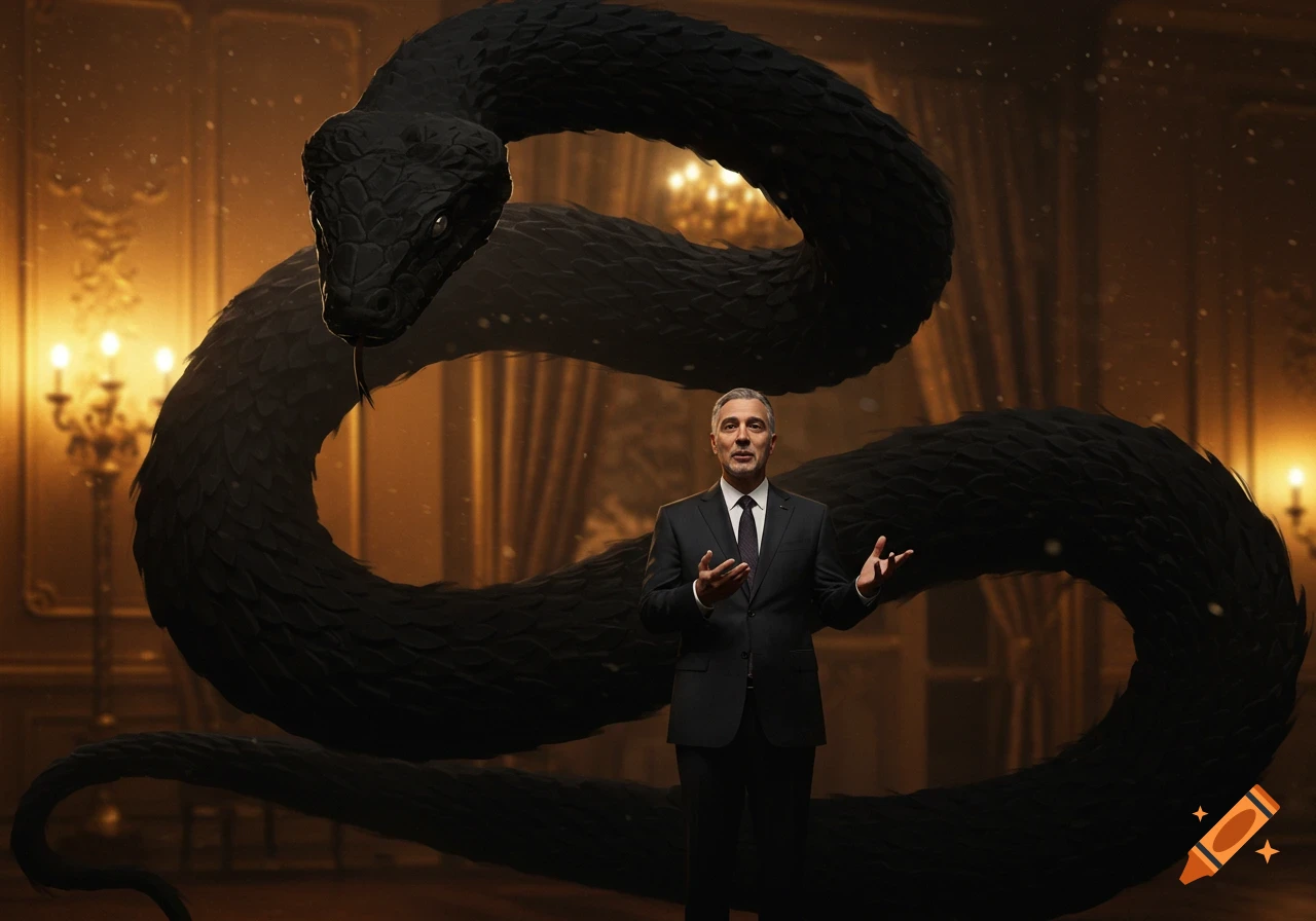 A man in a suit speaks calmly in an elegant, candlelit room with a large, dark, velvety snake coiling behind him.