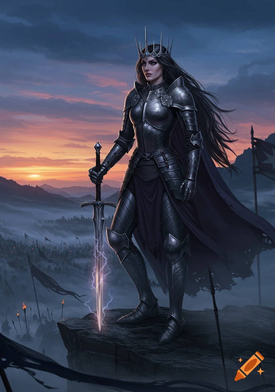 Dark-haired queen warrior in black armor stands on a cliff, holding a glowing sword, overlooking an army at sunset.