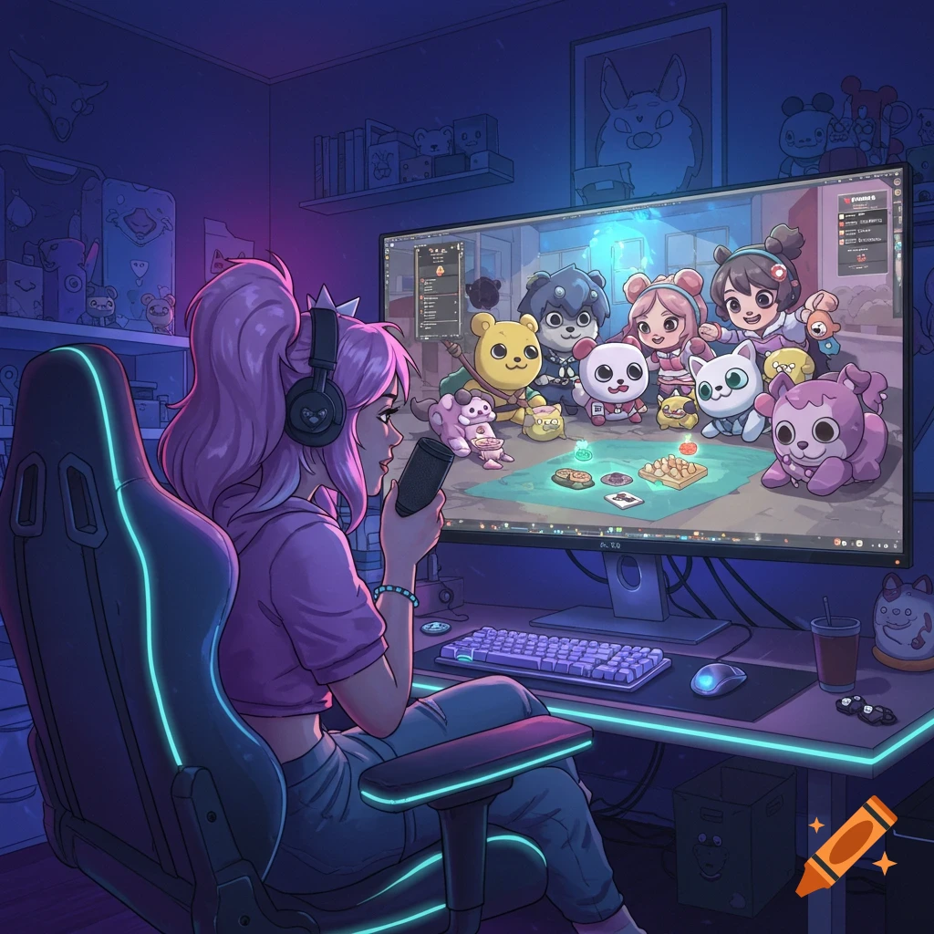 An anime girl with pink hair and headphones sits in a gaming chair, looking at a large monitor displaying colorful cartoon characters in a neon-lit room.