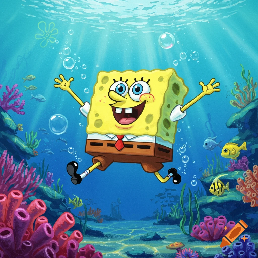 Spongebob Squarepants joyfully floats underwater surrounded by colorful coral, fish, and bubbles, in a bright cartoon style.