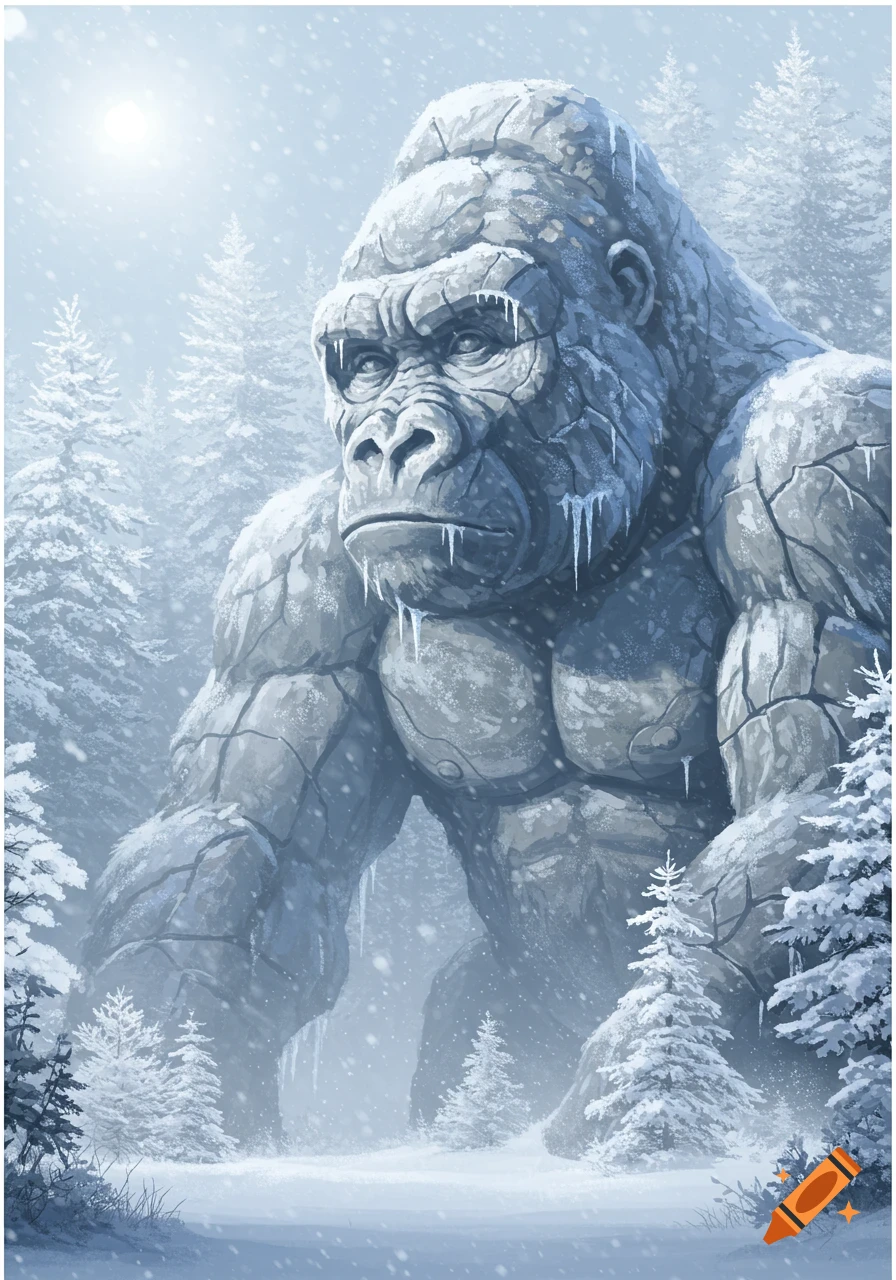 A massive, ice-covered stone gorilla stands in a snowy forest with pine trees, light illuminating the scene.