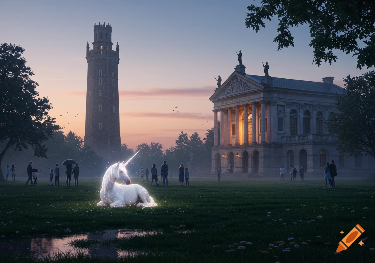 A luminous white unicorn rests in a grassy park at dusk, with people, a tall stone tower, and an illuminated classical building in the background.