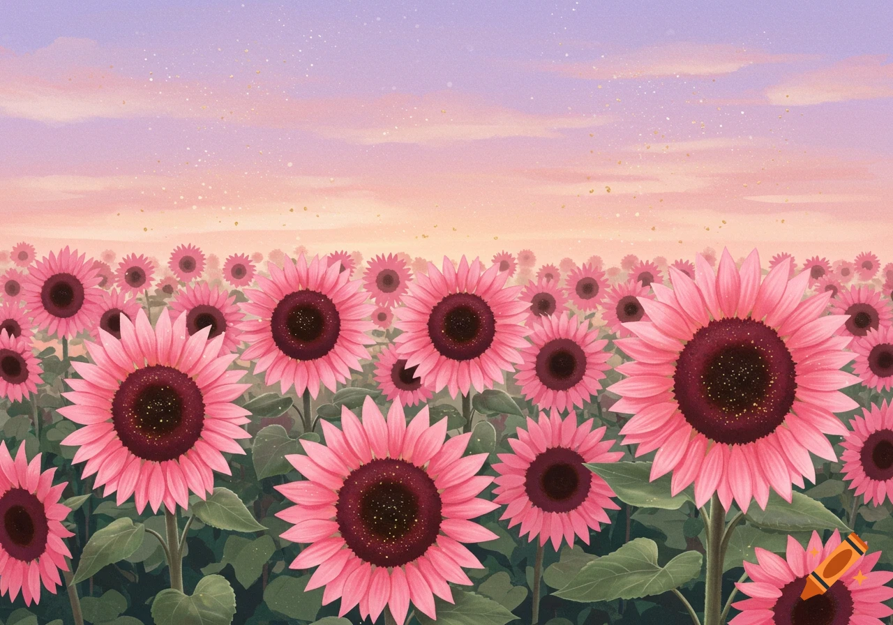 A field of vibrant pink sunflowers with dark centers under a soft pink and purple sky.