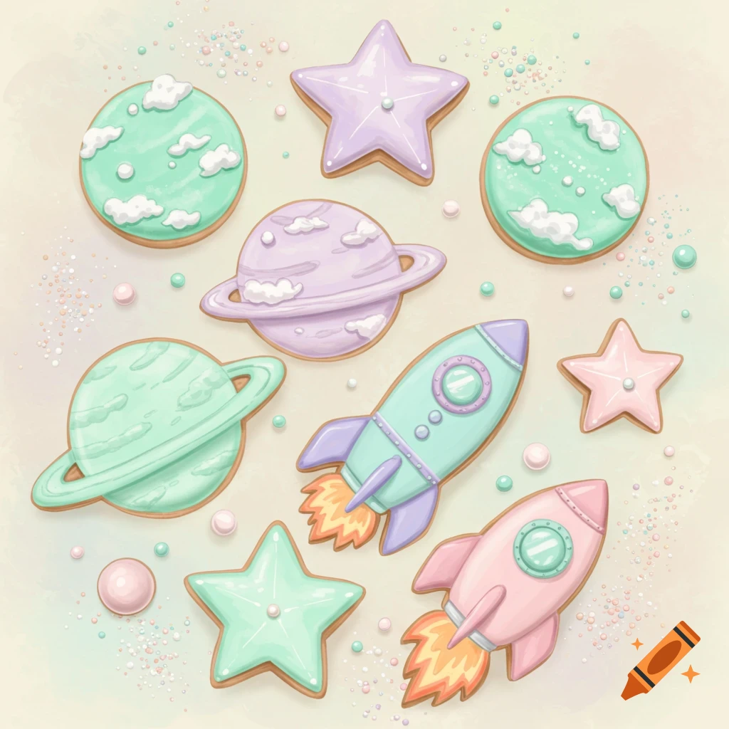 Pastel space-themed cookies including planets, stars, and rockets, with sprinkles on a light background.