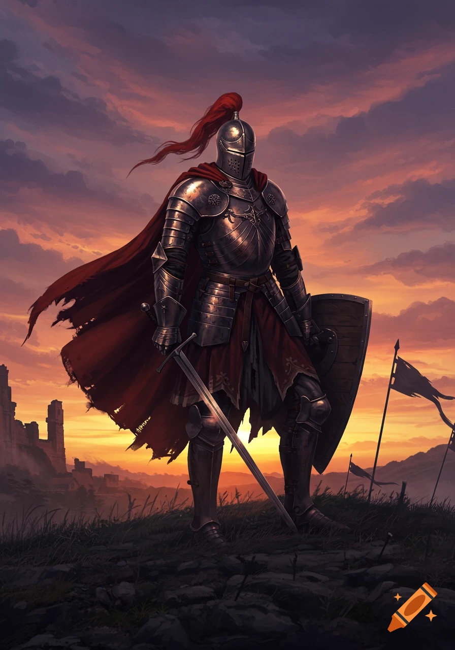 A full-body digital painting of a knight in shining armor with a red cape, holding a sword and shield, at sunset.