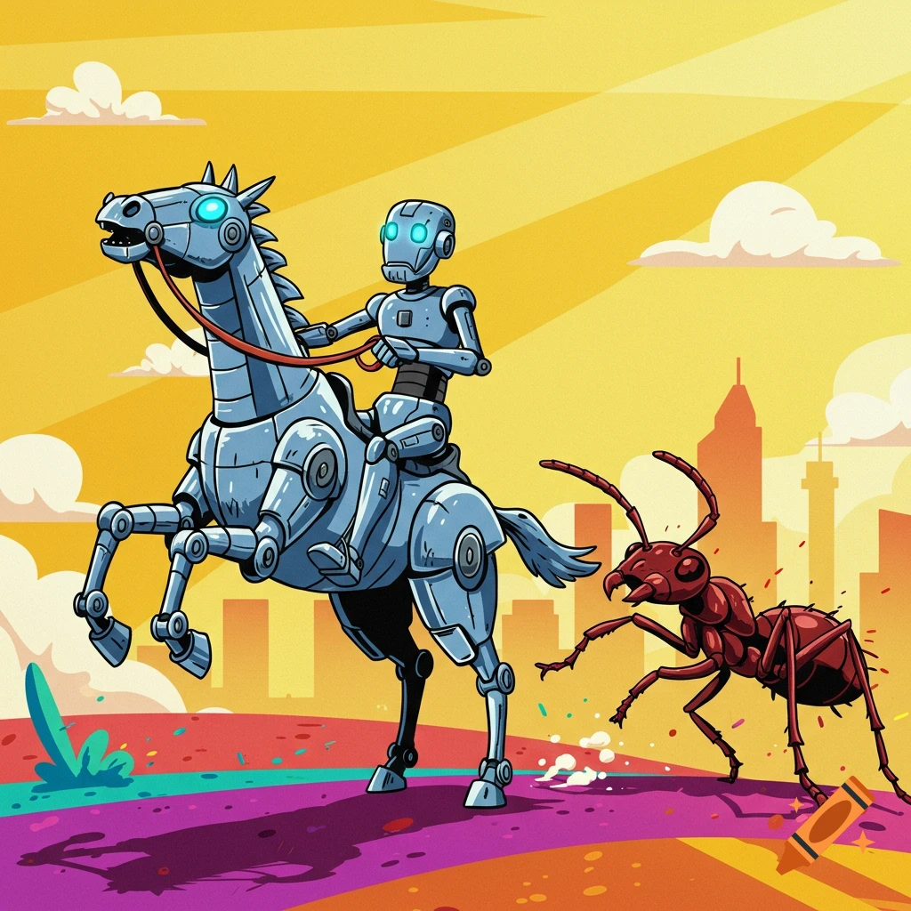A cartoon robot rides a robot horse, pursued by a giant ant across a colorful landscape with a city skyline under a yellow sky.