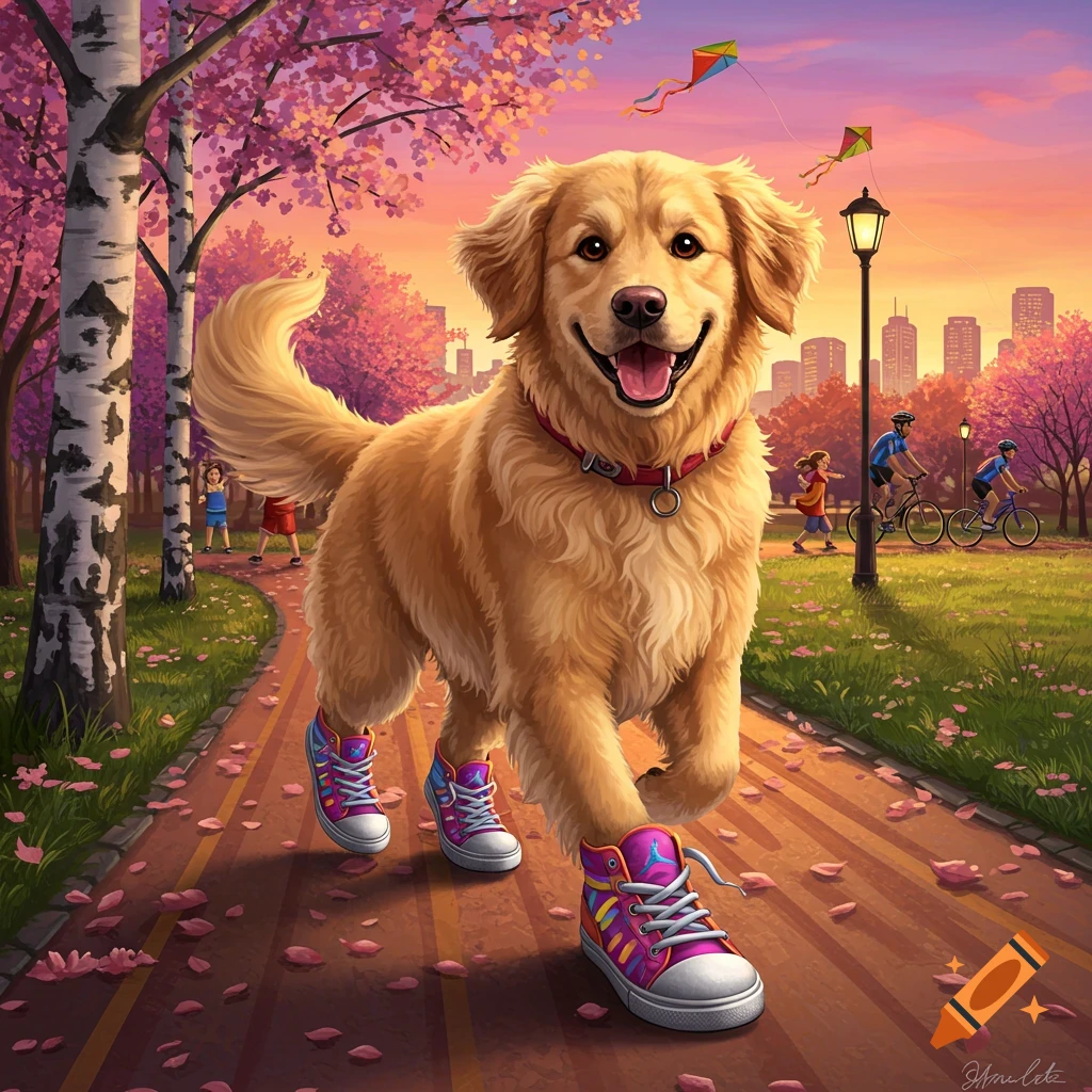 A happy golden retriever in colorful sneakers walks on a park path lined with pink cherry blossom trees at sunset, with a city skyline in the background.