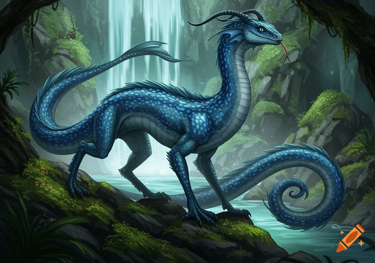 A detailed blue spotted fantasy dragon-like creature with horns, a snake head, and goat legs in a lush jungle with a waterfall.