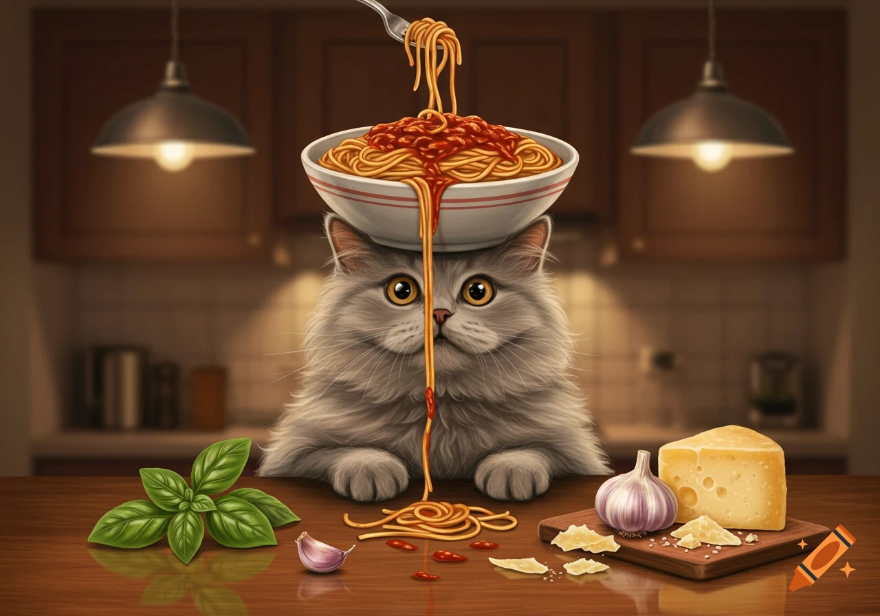A fluffy grey cat balancing a bowl of spaghetti on its head, with noodles spilling onto a wooden kitchen counter alongside basil, garlic, and cheese.