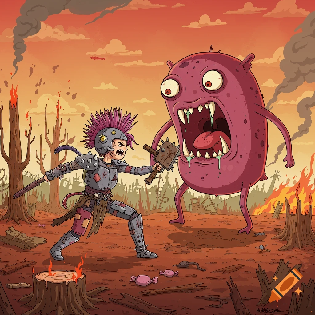 A female raider with a mohawk and armor battles a large, pink, one-eyed monster in a post-apocalyptic wasteland, Adventure Time style.