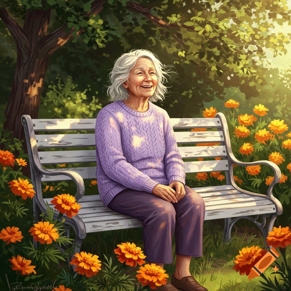 An elderly woman with white hair smiles, sitting on a park bench surrounded by vibrant orange flowers in a sunlit garden, in a painterly style.