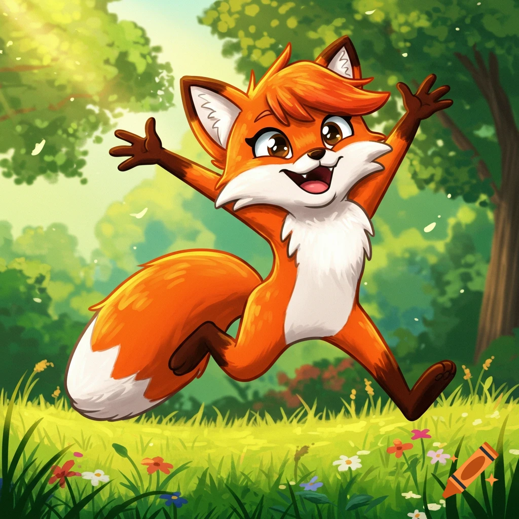 A happy, stylized cartoon fox with orange fur and white markings jumps with arms raised in a sunny, green forest with flowers.
