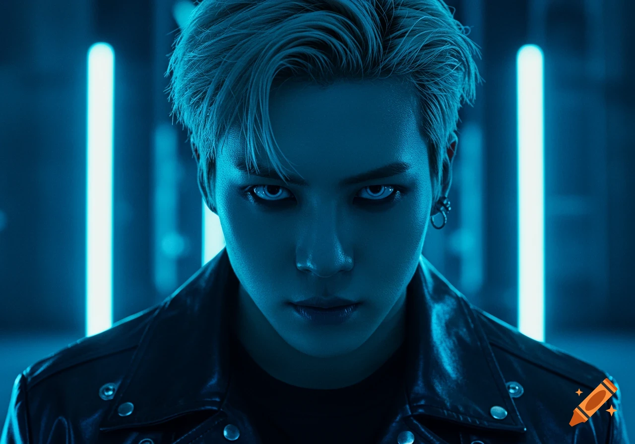 Close-up of a man with platinum blonde hair and glowing white eyes, wearing a black leather jacket, bathed in blue neon light.