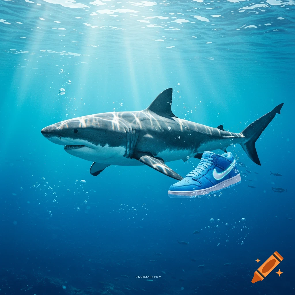 A great white shark swims underwater next to a glowing blue Nike high-top sneaker with light rays from the surface.
