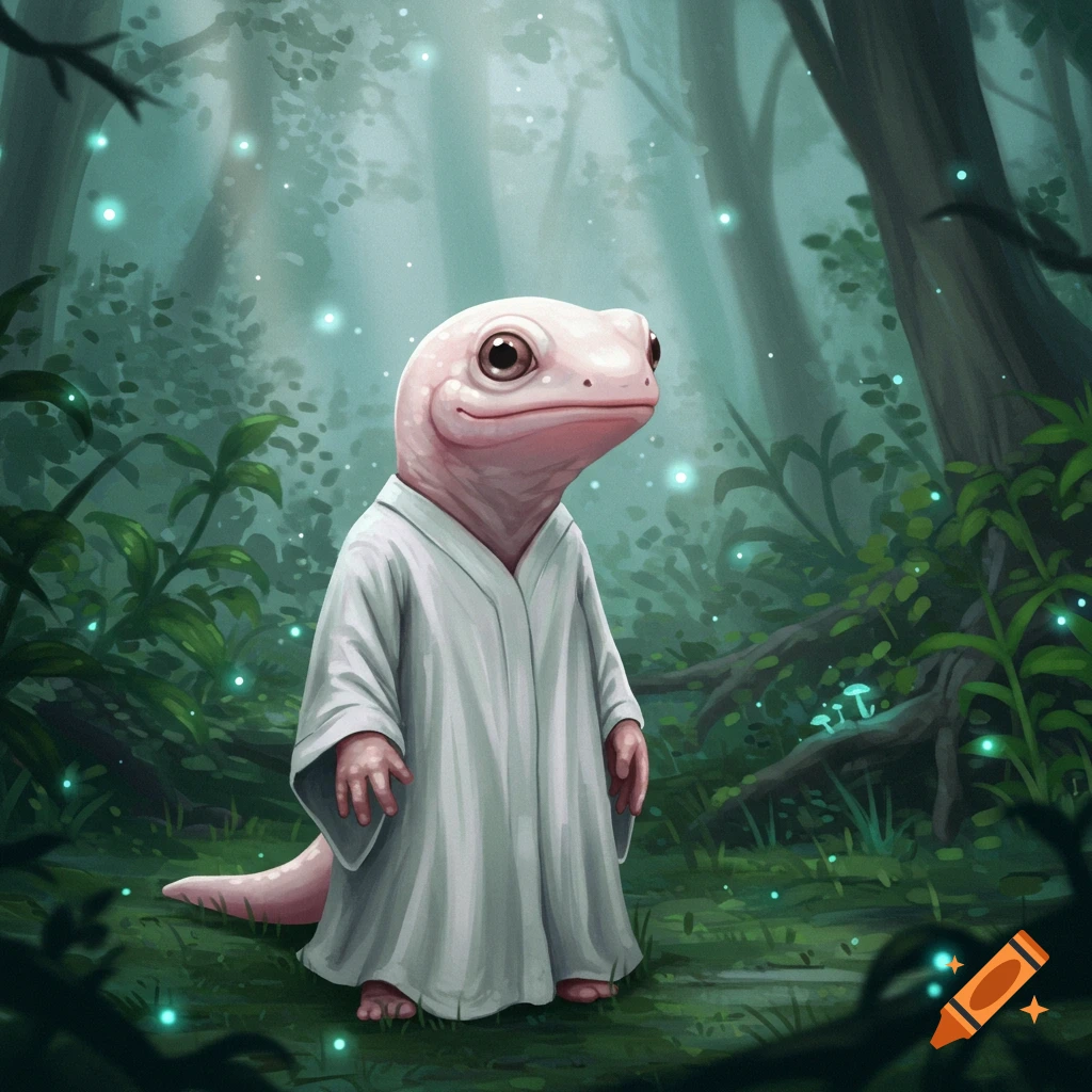 A pale pink salamander-like creature in a white robe stands in a glowing, magical forest in an illustrative style.
