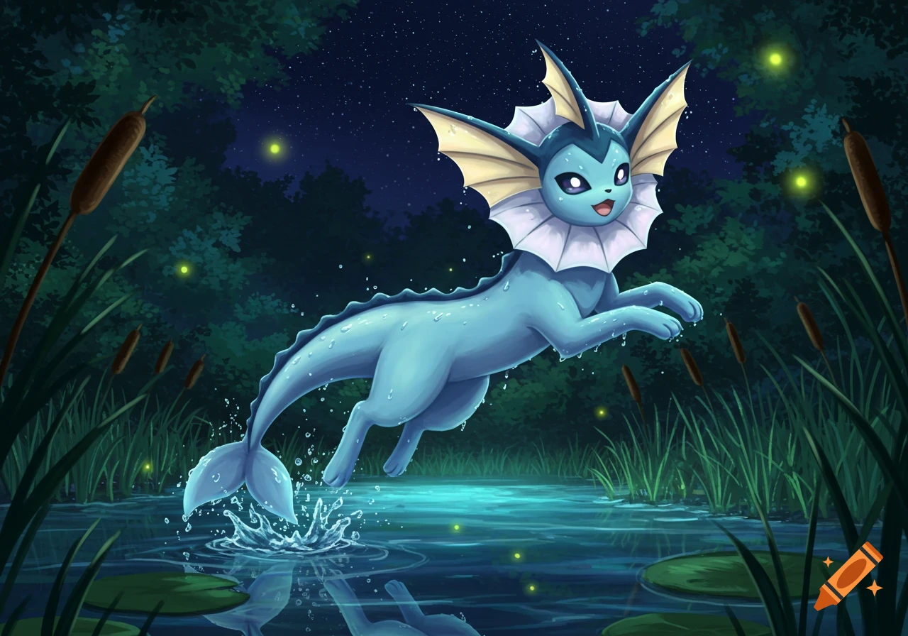 Illustrated Vaporeon leaps into a dark pond, creating a splash, surrounded by reeds, lily pads, and glowing fireflies under a starry night sky.