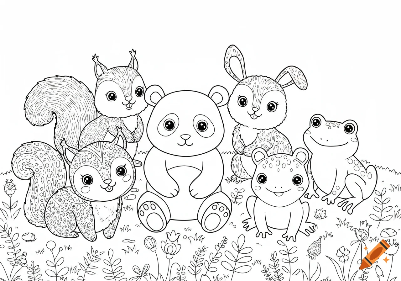 Black and white line art of a panda, two squirrels, a rabbit, and two frogs sitting in a grassy field, like a coloring book page.